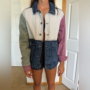 Jean jacket, color blocking, blue green and purple